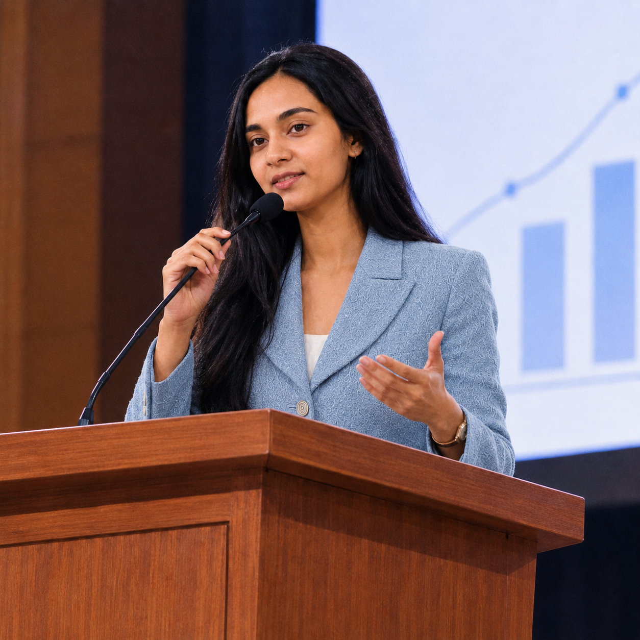 Luxna Ramnauth speaking at a podium